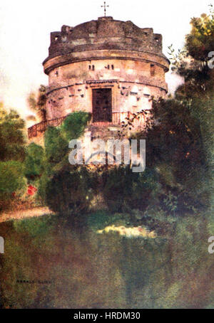 La peinture de Harald Sund du Mausolée de Théoderic met en valeur la grande architecture de l'ancien monument. L’extérieur est représenté avec une attention particulière aux détails, soulignant l’importance historique de la structure. L'artiste capture l'échelle monumentale et la conception complexe du mausolée, reflétant la puissance de son but original. Banque D'Images