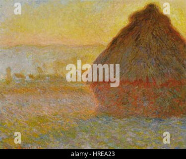 Tas de blé au coucher du soleil, une peinture à l'huile sur toile de 1891 par Claude Monet, un artiste impressionniste français connu pour ses paysages et ses représentations de lumière et de couleur. Banque D'Images
