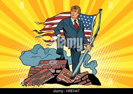 Le président Donald Trump avec USA drapeau, sur les ruines. Comic Book vintage pop art retro style vector illustration Illustration de Vecteur