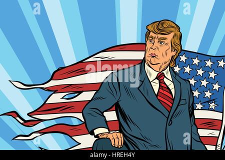 Le président Donald Trump avec USA drapeau, de bataille. Comic Book vintage pop art retro style vector illustration Illustration de Vecteur