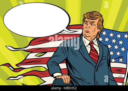 Le président Donald Trump avec USA drapeau, de bataille. Comic Book vintage pop art retro style vector illustration Illustration de Vecteur