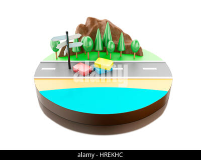 3D illustration. Voyage avec chanter et valises et voyage avec plage et montagne. Concept de voyage. Isolé sur fond blanc Banque D'Images