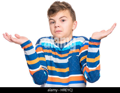 Émotionnel de mi-longueur portrait of caucasian teen boy. Surpris adolescent jeter vers le haut les mains en regardant la caméra. Beau, enfant heureux, isolated on white Banque D'Images