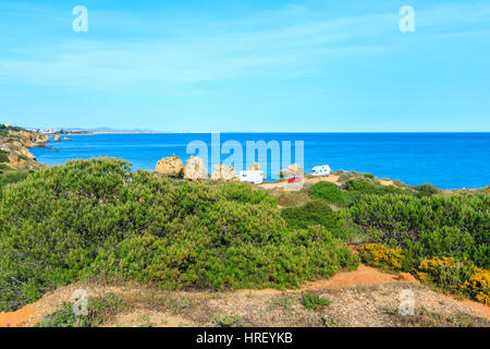 Paysage de la côte atlantique de l'été avec des rochers et arbustes conifères près du rivage en face, Albufeira, Algarve, Portugal. Banque D'Images