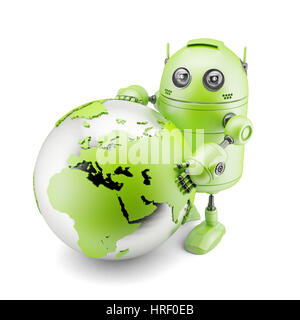 Robot-holding globe de la terre. 3d illustration. Isolé sur blanc. Banque D'Images