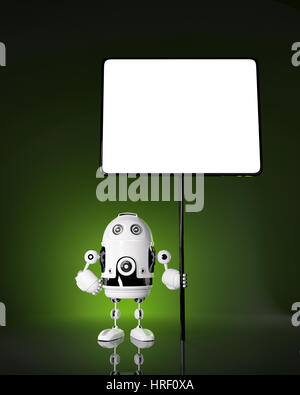 Robot Android avec blank board. Rendu sur fond sombre Banque D'Images