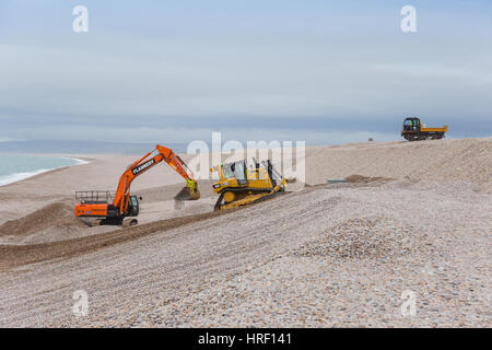 La construction des défenses sur la plage de Chesil, Portland, Dorset, UK Banque D'Images