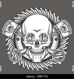 Vintage crâne avec traversé le piston et le pignon moto emblème. Club de motards motos ou élément de conception de l'atelier. Vector illustration en gravure styl Illustration de Vecteur