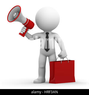 Un portrait avec mégaphone et panier. Isolé sur fond blanc Banque D'Images