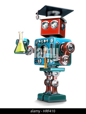 Robot Retro supérieures avec la verrerie de laboratoire. Isolated over white. Contians clipping path Banque D'Images