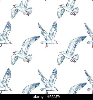 Vol d'oiseaux marins et oiseaux mouette . Mer. Modèle sans couture Illustration de Vecteur