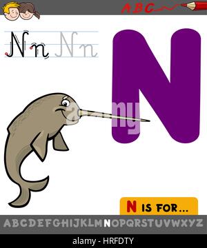 Caricature d'illustration de la lettre N de l'Alphabet avec Narval personnage animal pour les enfants Illustration de Vecteur