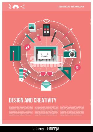 Le design, la créativité et la technologie banner : ordinateur portable, graphiste travail Outils et icônes de connexion Illustration de Vecteur