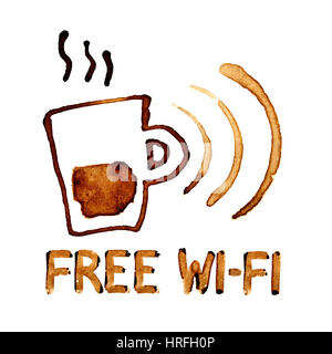 Une connexion Wi-Fi gratuite signe par des taches de café sur fond blanc Banque D'Images