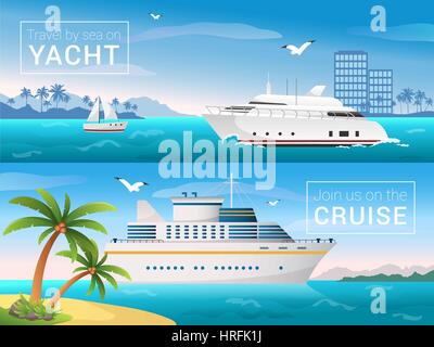 Vector set. bannières Voyages Location dans la baie de île tropicale, océan mer Bateau de croisière dans les îles Illustration de Vecteur