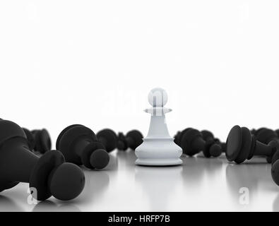Seul le pion blanc sur un échiquier entouré par un certain nombre de pièces d'échecs noir avec selective focus Banque D'Images