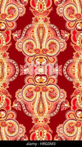 Kaléidoscope géométrique abstrait motif paisley transparente. Ornement textile verticale oriental traditionnel, rouge et jaune. Le design textile. Illustration de Vecteur