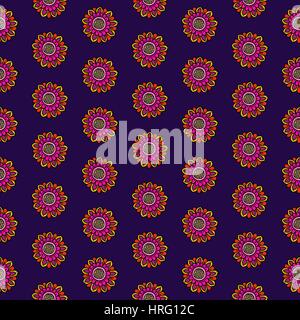 Paisley modèle vectoriel continu. Motif floral ethnique primitif, fleurs orientales, mise en page, en pointillé orange jaune et magenta sur fond lilas foncé. Illustration de Vecteur