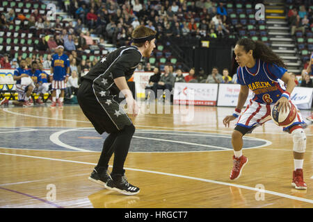 Calgary, Alberta, Canada. 1er mars, 2017. Harlem Globetrotters rookie Hoops Green montre son se déplace comme elle a fait son chemin sur la cour à un jeu à Calgary, de crédit : Baden Roth/ZUMA/Alamy Fil Live News Banque D'Images