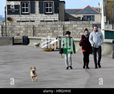 Portland, UK. 2e Mar, 2017. Météo britannique. Dog Walkers profitez d'une marche rapide le long de l'esplanade dans un ciel ensoleillé mais frisquet après-midi à Portland, Dorset Crédit : John GURD MEDIA/Alamy Live News Banque D'Images