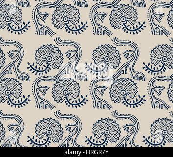 Motif floral transparent, bloc traditionnel imprimé ornement, fait à la main avec motif de fleurs bleu marine sur fond écru. Impression textile. Illustration de Vecteur