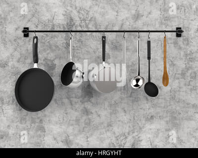 Le rendu 3d avec la pendaison de crémaillère de cuisine Ustensiles de cuisine Banque D'Images
