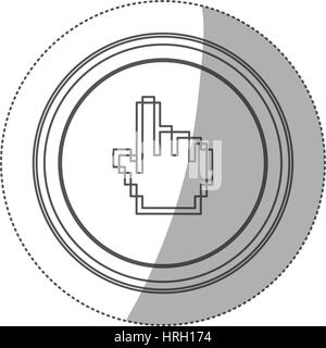 Sticker silhouette monochrome avec bouton circulaire vers le haut la main pixélisé Illustration de Vecteur