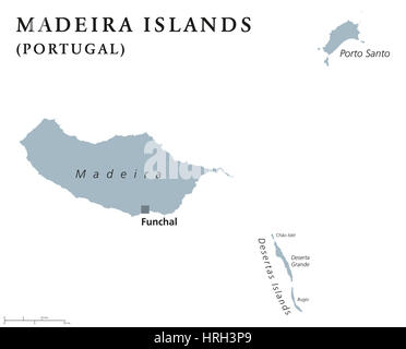 Carte politique des îles de Madère avec capitale Funchal. Archipel portugais dans l'océan Atlantique Nord y compris Madère, Porto Santo et les îles désertes Banque D'Images