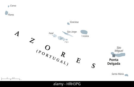 Açores carte politique avec capital Ponta Delgada. Région autonome du Portugal, un archipel composé de neuf îles volcaniques dans l'Atlantique Nord. Banque D'Images