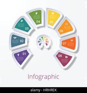 Infographie, modèle de diagramme de demi-cercle avec huit éléments multicolores autour du centre. Stratégie d'entreprise. Illustration de Vecteur