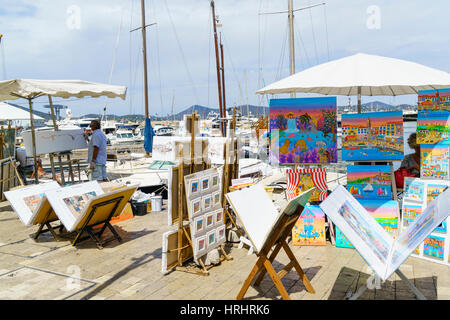 Art en vente par le port, Saint Tropez, Var, Cote d'Azur, Provence, France Banque D'Images