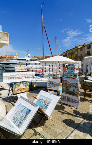 Art en vente par le port, Saint Tropez, Var, Cote d'Azur, Provence, France Banque D'Images