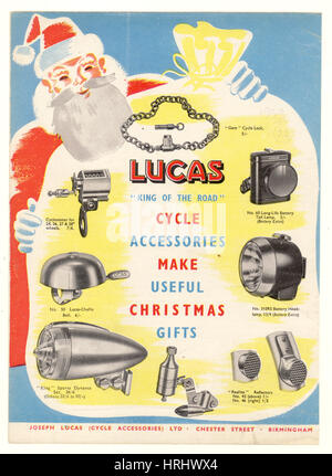 Original Vintage Cycling, cadeau de Noël dépliant publicitaire pour accessoires de cycle Lucas des années 1950, graphiques design designs , Royaume-Uni ROYAUME-UNI Banque D'Images