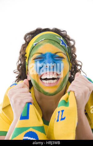 Fan de football anglais Fussballfan brasilianischer , Weiblicher zeigt Emotionen Banque D'Images