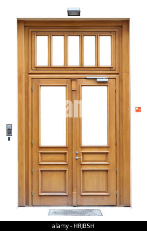 Chêne moderne porte sur la rue, sur-porte haut-parleur mains libres, projecteur et de l'acier treillis. La production de masse de l'architecture urbaine. Isolé sur blanc avec patch. Banque D'Images