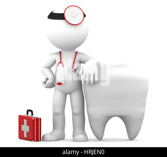 Dentiste avec stéthoscope debout devant de grandes dents blanches. Isolé Banque D'Images