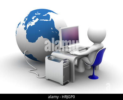 3d character working on computer connectet à globe. 3d illustration conceptuelle Banque D'Images
