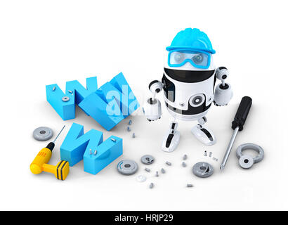 Robot avec sign. Site de construction ou de réparation. Isolé sur fond blanc Banque D'Images