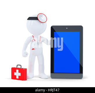 Doctor with stethoscope showing blank digital tablet pc. Isolé sur blanc. Banque D'Images