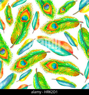 Plumes aquarelle illustration. Faites à la main avec des plumes colorées. Avec des plumes à la main. Feather blanc isolé sur fond transparent Banque D'Images