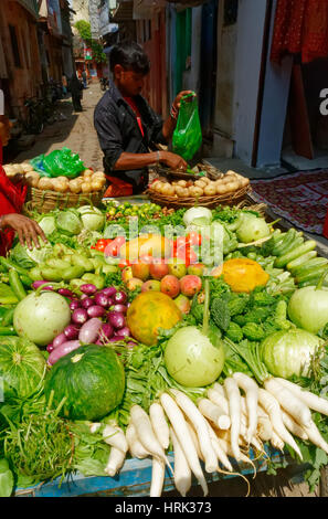 Un vendeur de fruits et légumes et son étal à Varanasi en Inde Banque D'Images