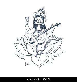 Heureux Vasant Panchami Saraswati. Icône dans le style linéaire illustration noir et blanc. Illustration de Vecteur