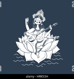 Heureux Vasant Panchami Saraswati. Icône dans le style linéaire illustration noir et blanc. Illustration de Vecteur