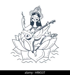 Heureux Vasant Panchami Saraswati. Icône dans le style linéaire illustration noir et blanc. Illustration de Vecteur