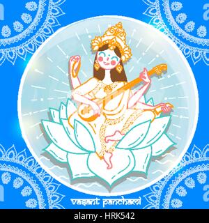 Carte de vœux. Maison de Vacances - Happy Vasant Panchami Saraswati. Icône dans le style linéaire Illustration de Vecteur