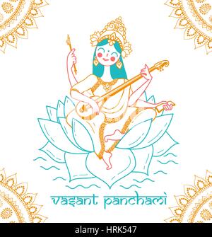 Carte de vœux. Maison de Vacances - Happy Vasant Panchami Saraswati. Icône dans le style linéaire Illustration de Vecteur