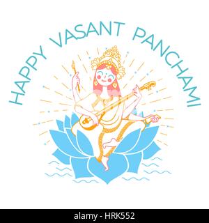 Carte de vœux. Maison de Vacances - Happy Vasant Panchami Saraswati. Icône dans le style linéaire Illustration de Vecteur