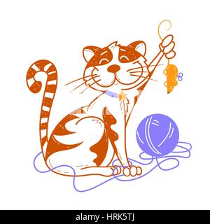 Illustration de chat drôle attrapé une souris jouet. Icône vecteur Illustration de Vecteur