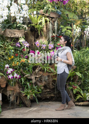 Jeune femme affichage des orchidées tropicales au centre DREAM, le Jardin Botanique à Ocean Expo Park, Nago, Okinawa, Japon Banque D'Images