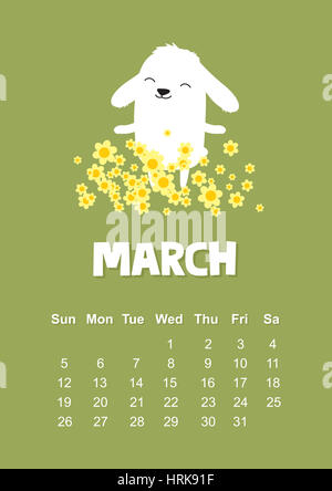 Calendrier de mars 2017 avec cute bunny et fleurs sur fond vert. Format A3, peut être utilisé pour l'impression ou le web. Banque D'Images